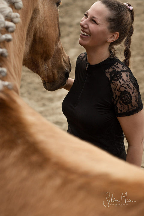 Sommerbaselayer Kurzarm mit Spitze für Damen, Black, oberbekleidung - Pferdekram