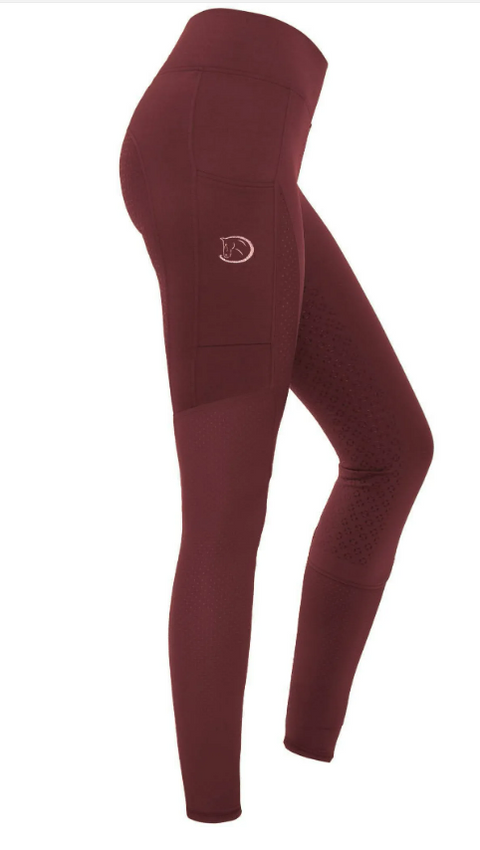 Reitleggings Mesh-Design mit Silikonvollbesatz für Damen, Weinrot